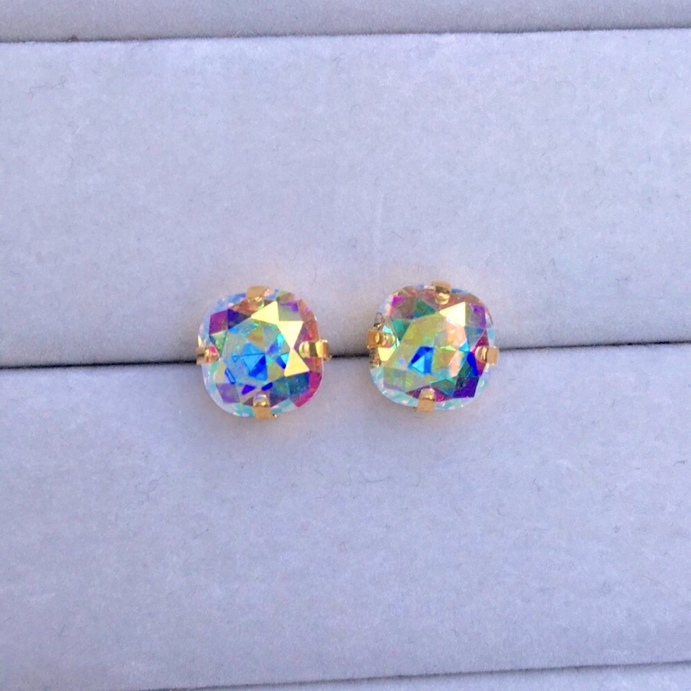 Aurora Borealis + Gold Cushion Cut Crystal Earrings - Picture 3 of 3